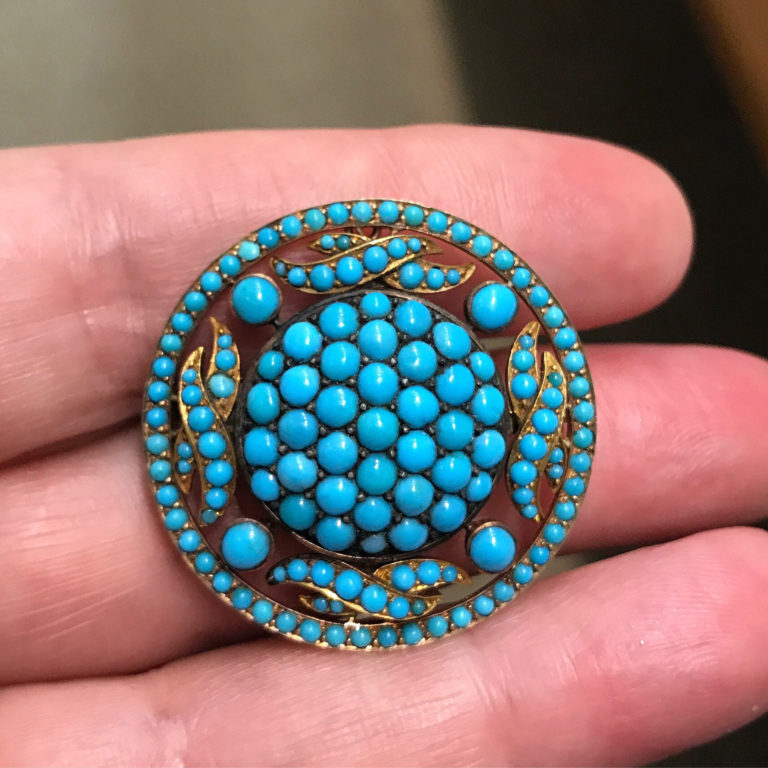 SOLD MidVictorian turquoise brooch in rose gold, circa 1875 Karen