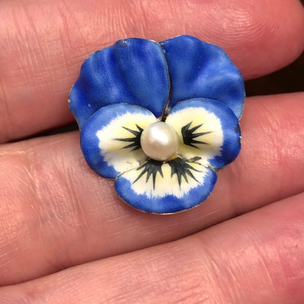 SOLD Gold enamel pansy pendant/brooch with pearl, circa 1950 Karen Deakin Antiques